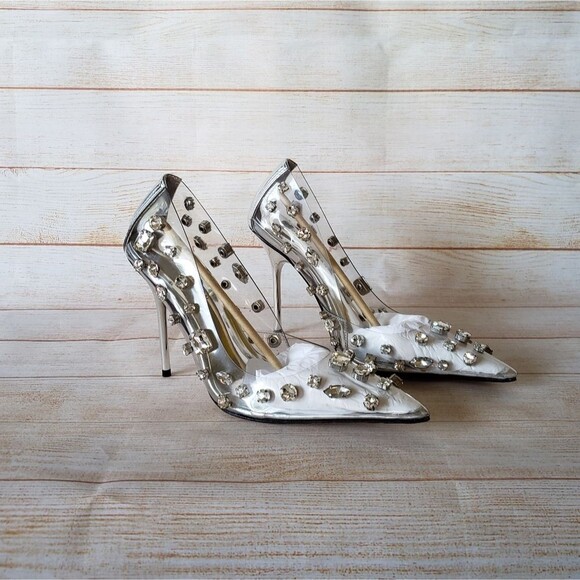 Good American Jeweled Emma Gem Pointy Toe Translucent Stiletto Heels Pumps - Picture 5 of 16